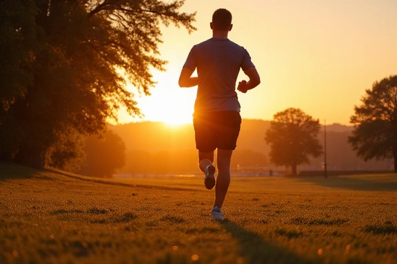 Mann läuft in einem Park bei Sonnenaufgang, symbolisiert Ausdauer und Energie.