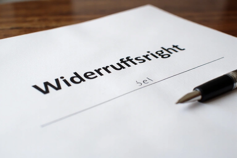 Ein Dokument mit der Überschrift 'Widerrufsrecht' und einem Stift daneben.