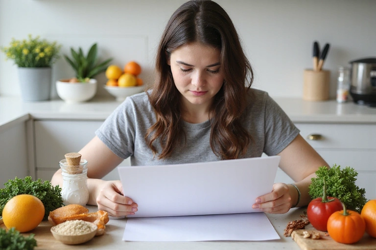 Eine Person, die einen Ernährungsplan studiert und gesunde Lebensmittel um sich herum hat.